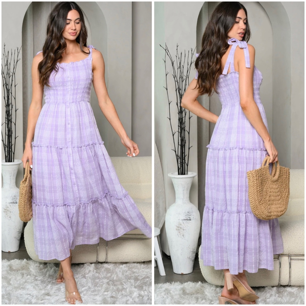 Edit By Nine Lavender Plaid Tiered Maxi Dress - Picture 3 of 7